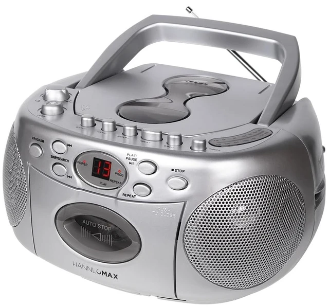 Main image of HX-323CD CD Boombox, Radio, Cassette Recorder (Silver) AM/FM Radio, Rod Antenna, Headphone Jack, AC/DC Dual Power Source