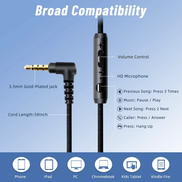 Alt view image 3 of 7 - Grade Foldable On-Ear Wired Headphones with Microphone & 3.5mm Lightweight Stereo Corded School Head Phones with No-Tangle Cord for Adult/Kids, Laptop Phones Airplane Chromebooks Black