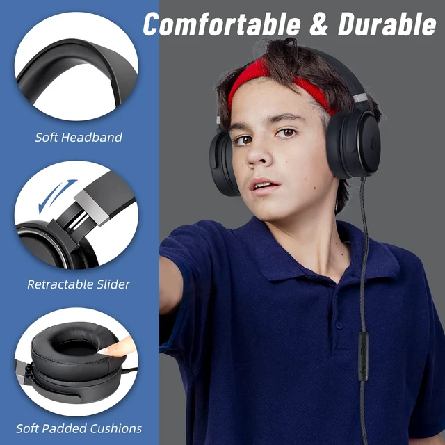 Alt view image 2 of 7 - Grade Foldable On-Ear Wired Headphones with Microphone & 3.5mm Lightweight Stereo Corded School Head Phones with No-Tangle Cord for Adult/Kids, Laptop Phones Airplane Chromebooks Black