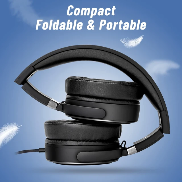 Alt view image 4 of 7 - Grade Foldable On-Ear Wired Headphones with Microphone & 3.5mm Lightweight Stereo Corded School Head Phones with No-Tangle Cord for Adult/Kids, Laptop Phones Airplane Chromebooks Black