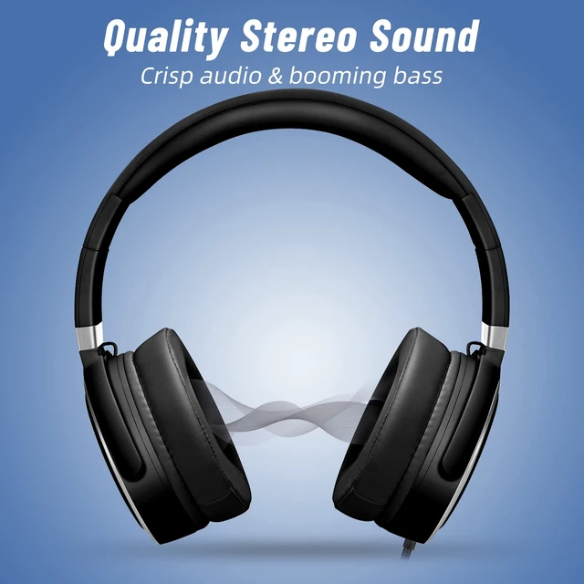 Alt view image 7 of 7 - Grade Foldable On-Ear Wired Headphones with Microphone & 3.5mm Lightweight Stereo Corded School Head Phones with No-Tangle Cord for Adult/Kids, Laptop Phones Airplane Chromebooks Black