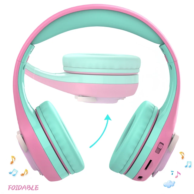 Alt view image 2 of 6 - CB-7S Kids Wireless Headphones,with Safe Volume Control 74/85/95dB,LED Glow Lights,50H Playtime,Bluetooth V5.3,Built-in Mic, TF Card Slot,for Travel/School/Phone/Laptop (Pink&Green)