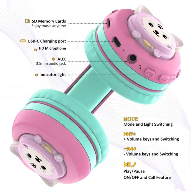 Alt view image 4 of 6 - CB-7S Kids Wireless Headphones,with Safe Volume Control 74/85/95dB,LED Glow Lights,50H Playtime,Bluetooth V5.3,Built-in Mic, TF Card Slot,for Travel/School/Phone/Laptop (Pink&Green)