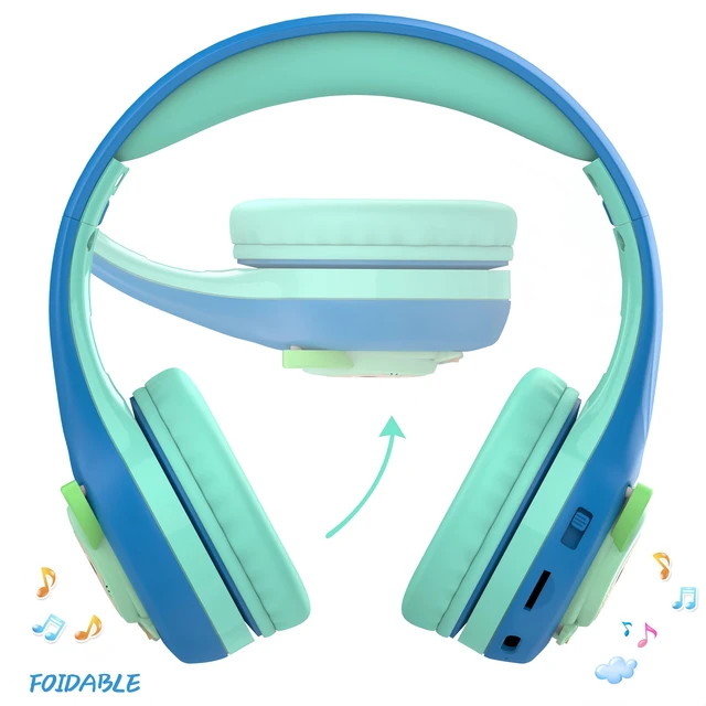 Alt view image 2 of 6 - CB-7S Kids Wireless Headphones,with Safe Volume Control 74/85/95dB,LED Glow Lights,50H Playtime,Bluetooth V5.3,Built-in Mic, TF Card Slot,for Travel/School/Phone/Laptop(Blue&Green)