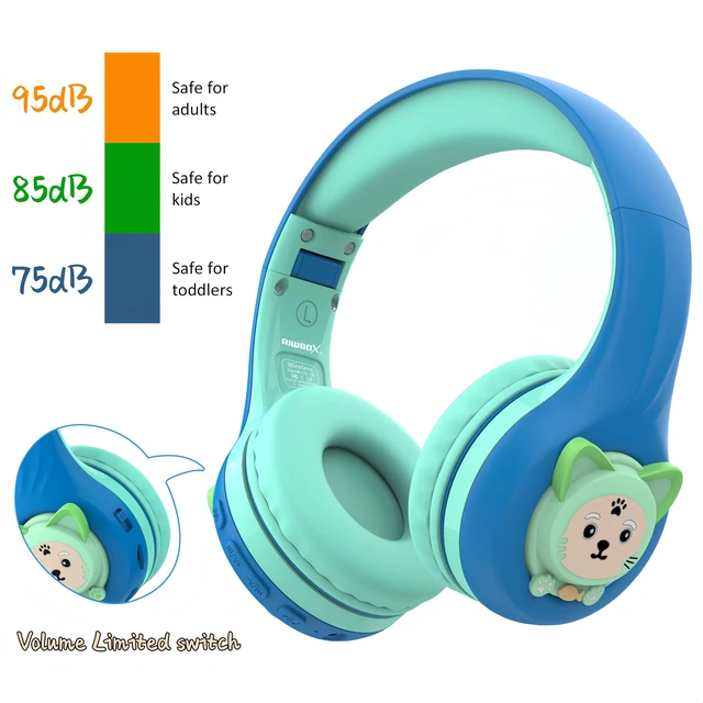 Alt view image 3 of 6 - CB-7S Kids Wireless Headphones,with Safe Volume Control 74/85/95dB,LED Glow Lights,50H Playtime,Bluetooth V5.3,Built-in Mic, TF Card Slot,for Travel/School/Phone/Laptop(Blue&Green)
