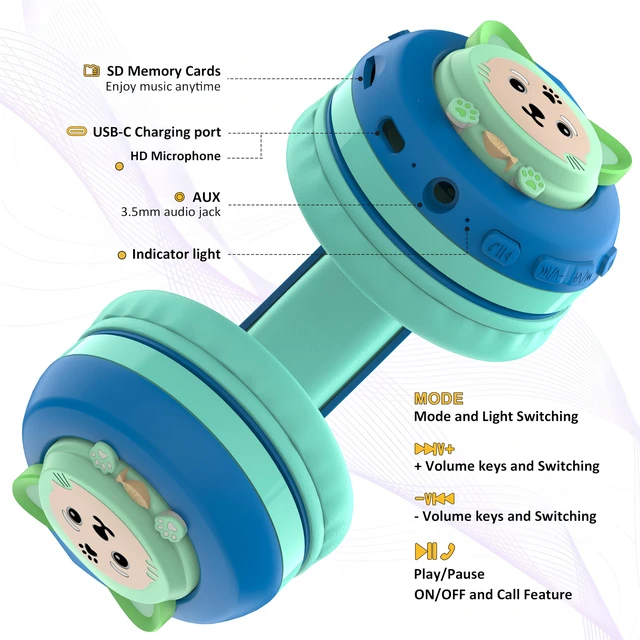 Alt view image 4 of 6 - CB-7S Kids Wireless Headphones,with Safe Volume Control 74/85/95dB,LED Glow Lights,50H Playtime,Bluetooth V5.3,Built-in Mic, TF Card Slot,for Travel/School/Phone/Laptop(Blue&Green)