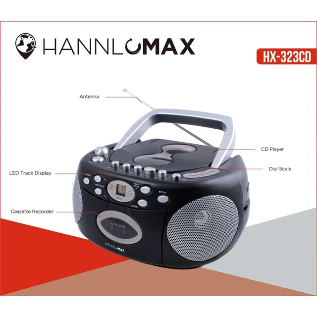 Alt view image 2 of 5 - HX-323CD CD Boombox, Radio, Cassette Recorder (Black) AM/FM Radio, Rod Antenna, Headphone Jack, AC/DC Dual Power Source