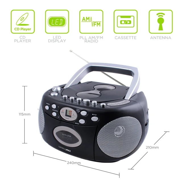 Alt view image 3 of 5 - HX-323CD CD Boombox, Radio, Cassette Recorder (Black) AM/FM Radio, Rod Antenna, Headphone Jack, AC/DC Dual Power Source