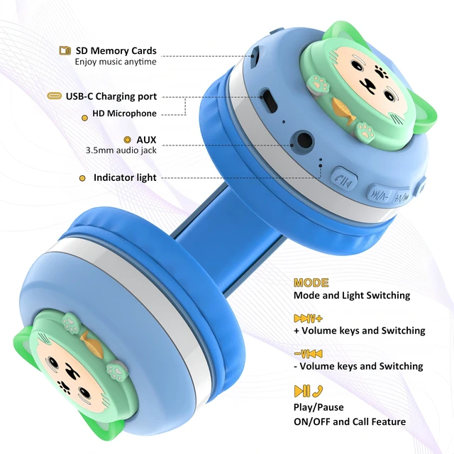 Alt view image 4 of 6 - CB-7S Kids Wireless Headphones,Gifts Suitable for Kids,74/85/95dB,LED Glow Lights,50H Playtime,Bluetooth V5.3,Built-in Mic, TF Card Slot,for Travel/School/Phone/Laptop(Blue&Grey)