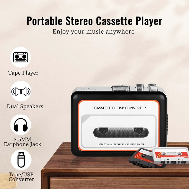Alt view image 2 of 7 - USB Cassette Player & MP3 Converter, Portable Speaker Black, ABS body, audio tape to digital converter, reverse playback, stereo sound, USB or battery powered, headphone jack