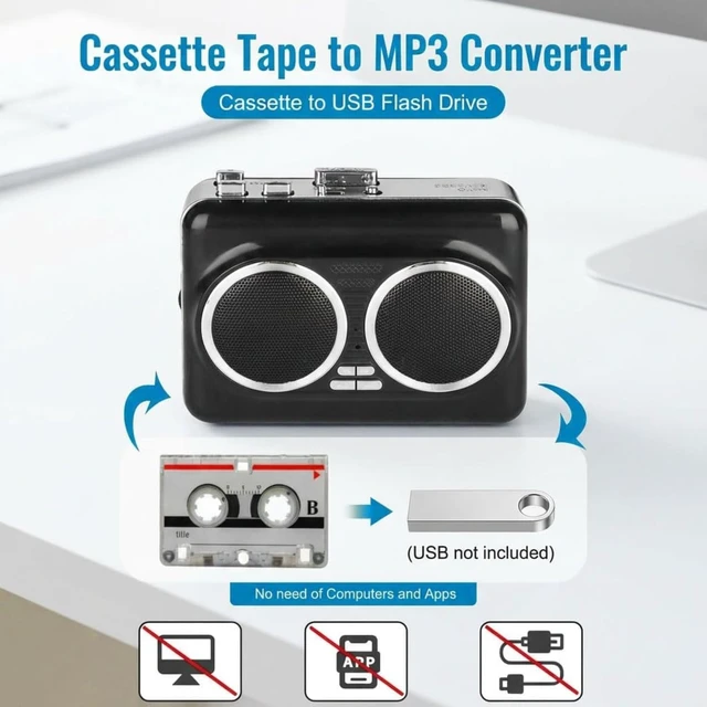 Alt view image 3 of 7 - USB Cassette Player & MP3 Converter, Portable Speaker Black, ABS body, audio tape to digital converter, reverse playback, stereo sound, USB or battery powered, headphone jack