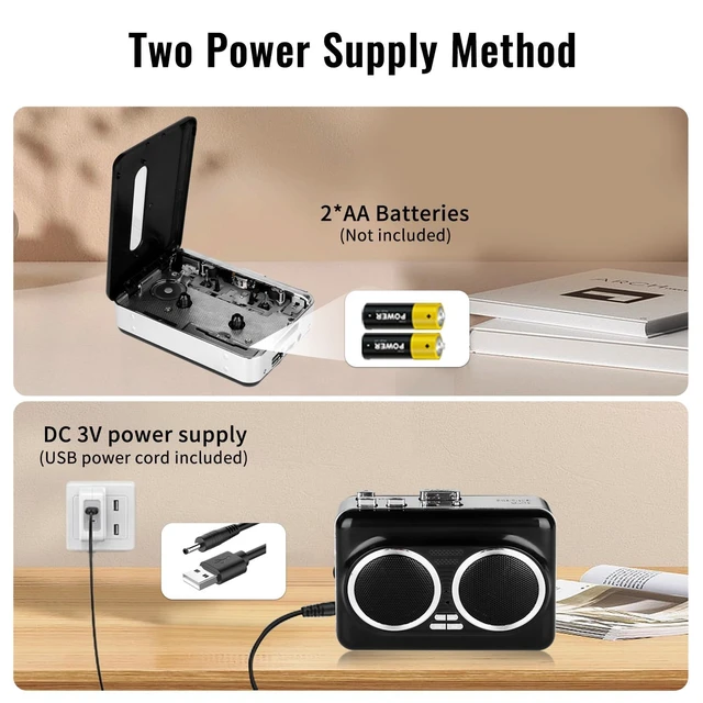Alt view image 4 of 7 - USB Cassette Player & MP3 Converter, Portable Speaker Black, ABS body, audio tape to digital converter, reverse playback, stereo sound, USB or battery powered, headphone jack