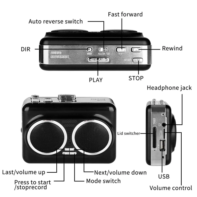 Alt view image 5 of 7 - USB Cassette Player & MP3 Converter, Portable Speaker Black, ABS body, audio tape to digital converter, reverse playback, stereo sound, USB or battery powered, headphone jack