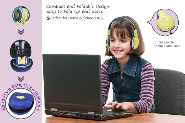Alt view image 5 of 7 - Wireless Kids Headphones, Foldable Stero Wireless Headset with Mic and 3- Level Volume Limited, 30H Playtime, 3.5mm Cord & Share Port, Travel Case, Bluetooth 6.0 for School Game iPad Tablet