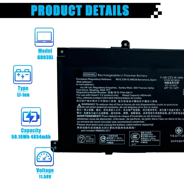 Alt view image 2 of 7 - GD03XL N66215-005 Laptop Battery Replacement for HP Envy x360 14 2-in-1 14-fc0078TU / EliteBook Ultra G1q OmniBook 14-fe0101nb Series GD03059XL N66000-1E1 HSTNNN-AB1E 59.16Wh