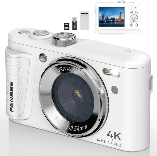 Main image of Digital Camera, 4K Vlogging Camera with 64MP, Point and Shoot Digital Cameras with 18X Zoom, Anti-Shake, Mode Dial, 32GB SD Card, Card Reader, Charger, Compact Small Cameras, White