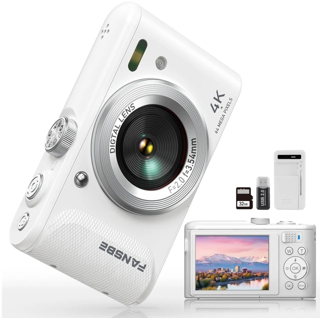 Main image of Digital Camera, 4K Vlogging Camera with 64MP, Point and Shoot Digital Cameras with 18X Zoom, Anti-Shake, Mode Dial, 32GB SD Card, Card Reader, Charger, Compact Small Cameras, Off White