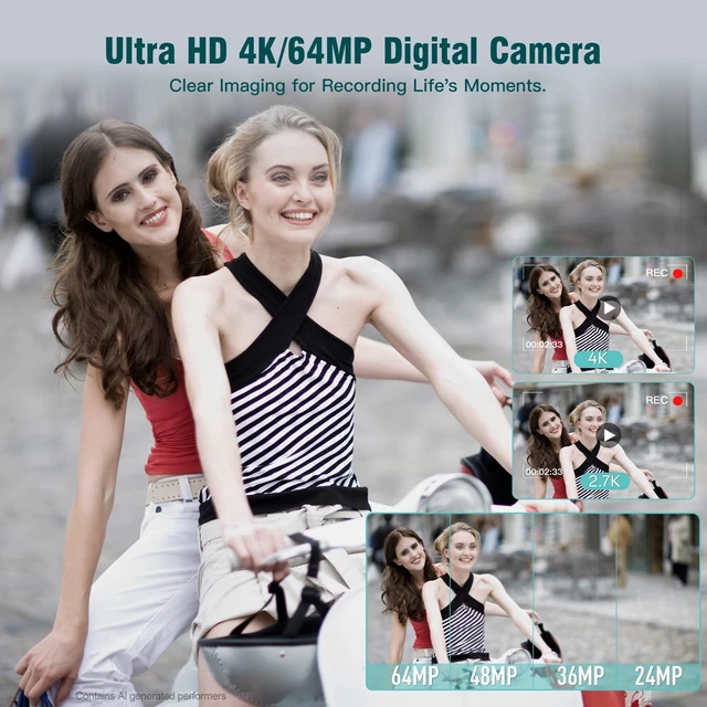 Alt view image 2 of 7 - Digital Camera, 4K Vlogging Camera with 64MP, Point and Shoot Digital Cameras with 18X Zoom, Anti-Shake, Mode Dial, 32GB SD Card, Card Reader, Charger, Compact Small Cameras, Off White