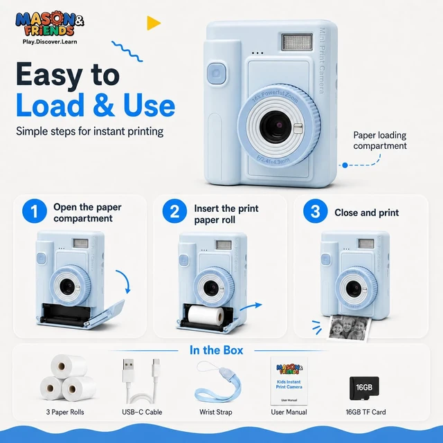 Alt view image 3 of 7 - Kids Print Camera Gift Set, 1080P Video, 16X Digital Zoom, Easy-to-Use Design for Boys and Girls Ages 3-12