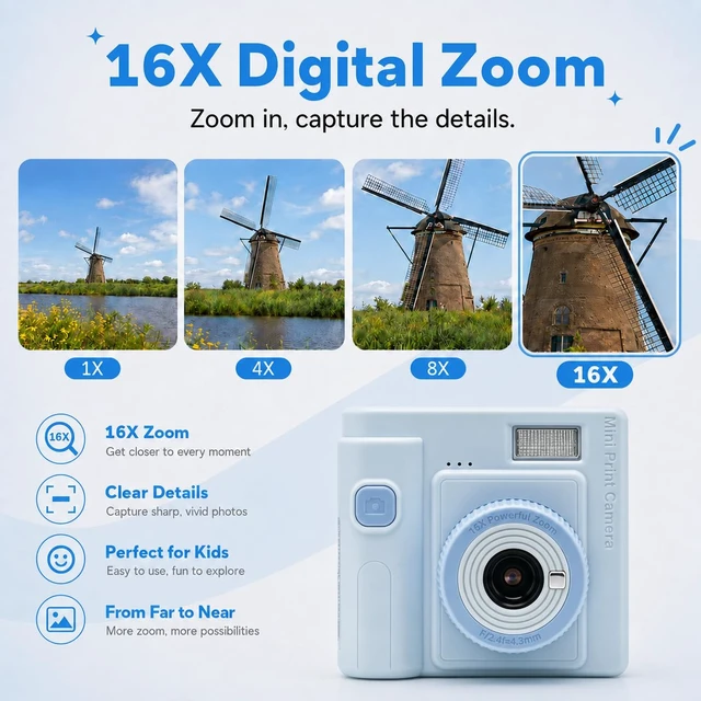 Alt view image 5 of 7 - Kids Print Camera Gift Set, 1080P Video, 16X Digital Zoom, Easy-to-Use Design for Boys and Girls Ages 3-12