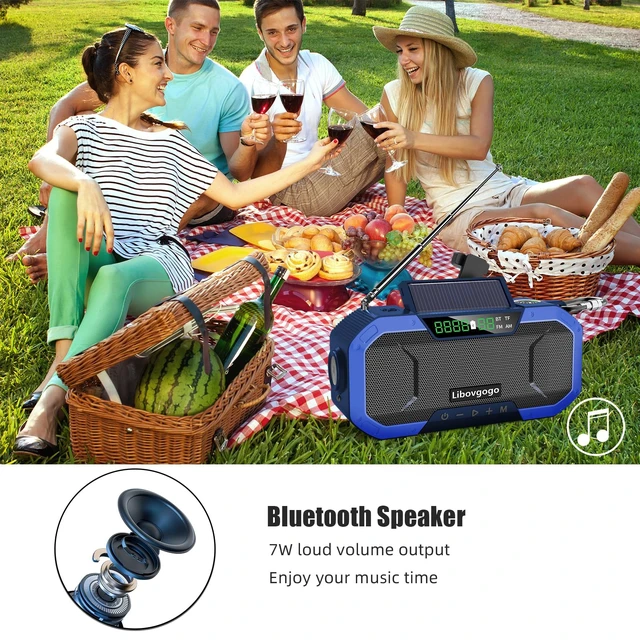 Alt view image 3 of 7 - Bluetooth Hand Crank Emergency Solar Powered Radio,Waterproof Portable NOAA Weather AM FM Radio Speaker,Wind Up Flashlight Phone Charger,5000mAH Battery Operated for Storm,Outage,Hurricane,Survival