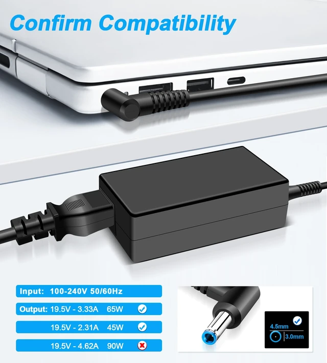 Alt view image 3 of 7 - 65W 45W Laptop Charger Compatible with HP Pavilion x360 14 15 17, Stream 11 13 14, ProBook, Notebook, Elitebook, Envy, Spectre, Replacement for Computer Charger Smart Blue Tip Power Adapter
