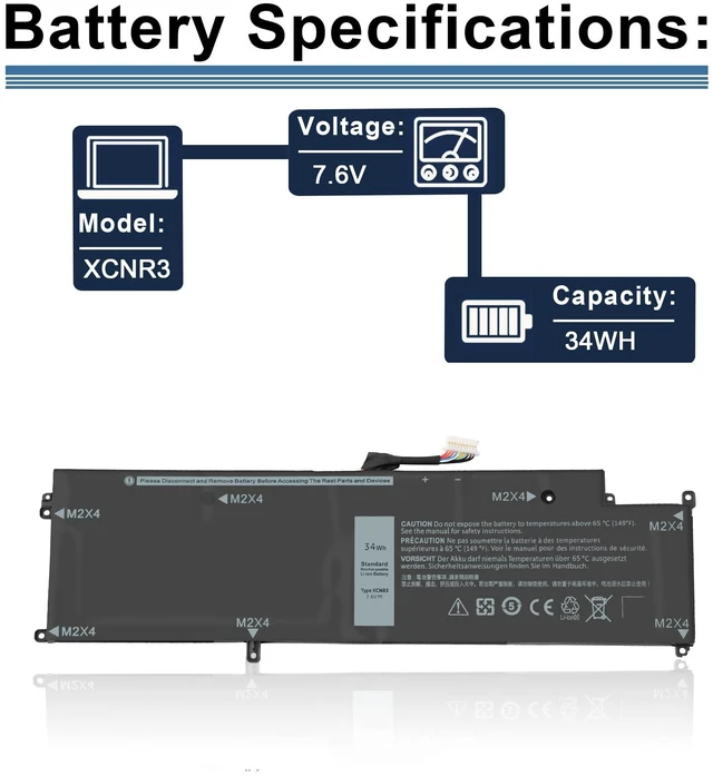 Alt view image 3 of 7 - XCNR3 Laptop Battery Replacement for Dell Latitude 13 7370 Ultrabook Series 0XCNR3 WY7CG WV7CG MH25J 0WV7CG 7.6V 34Wh/4250mAh 4-Cell