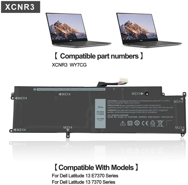 Alt view image 2 of 7 - XCNR3 Laptop Battery Replacement for Dell Latitude 13 7370 Ultrabook Series 0XCNR3 WY7CG WV7CG MH25J 0WV7CG 7.6V 34Wh/4250mAh 4-Cell