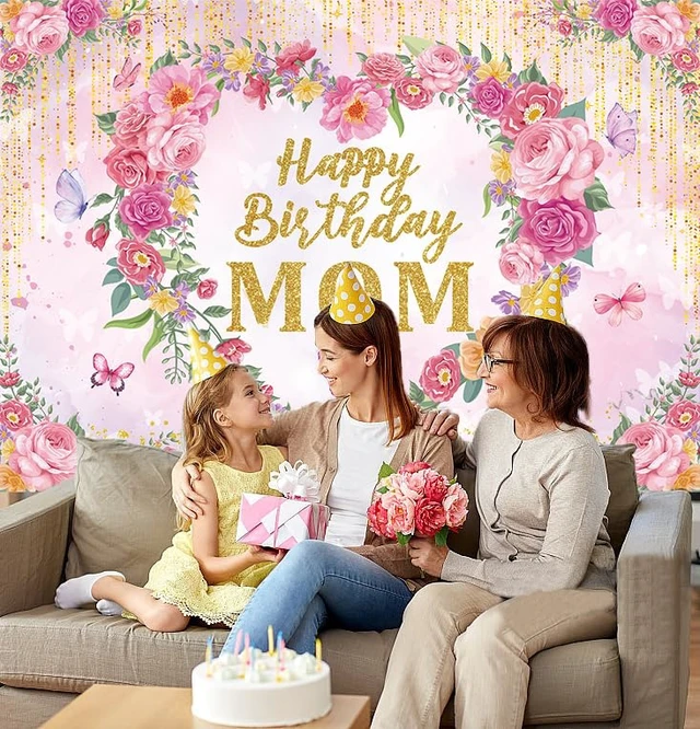 Alt view image 5 of 7 - Happy Birthday Mom Backdrop Pink Flower Heart Glitter Mother's Day Decor Photography Background Mom's Birthday Backdrop for Women Party Decorations Banner Photo Props (7x5FT)