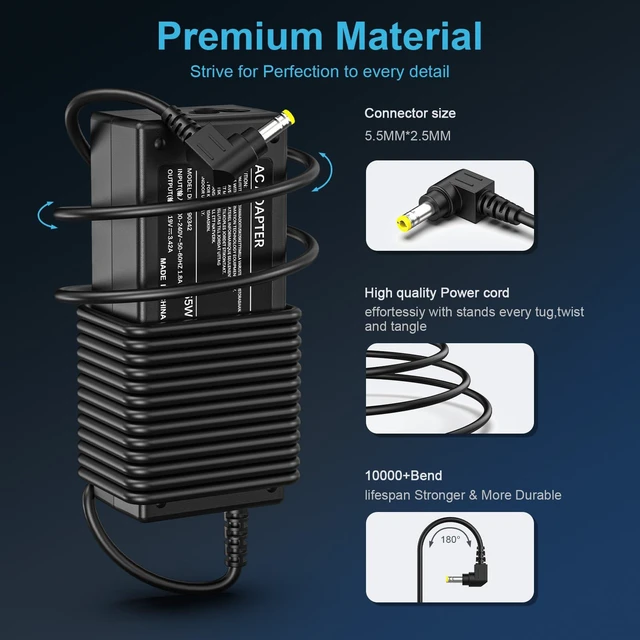 Alt view image 3 of 7 - 65W Laptop Charger Compatible with Toshiba 19V 3.42A Power Supply AC Adapter, Satellite C55, C55D, C655, C855, C855D, Portege Z30, Multiple Models Compatible with Tosiba