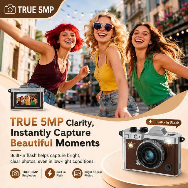 Alt view image 3 of 7 - Mini Keychain Camera 2K 5MP, 1.47" Screen Zinc Alloy Metal 16GB Brown 2K video,5MP sensor,rechargeable battery,Retro Tiny Camera for travel,teens,Birthday Gift for Kids & Friends