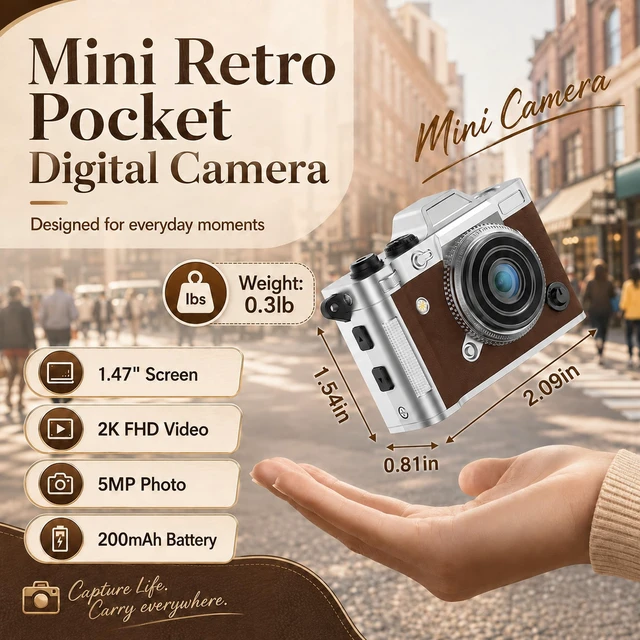 Alt view image 2 of 7 - Mini Keychain Camera 2K 5MP, 1.47" Screen Zinc Alloy Metal 16GB Brown 2K video,5MP sensor,rechargeable battery,Retro Tiny Camera for travel,teens,Birthday Gift for Kids & Friends