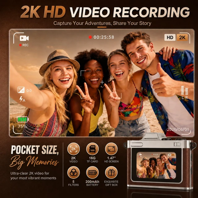 Alt view image 4 of 7 - Mini Keychain Camera 2K 5MP, 1.47" Screen Zinc Alloy Metal 16GB Brown 2K video,5MP sensor,rechargeable battery,Retro Tiny Camera for travel,teens,Birthday Gift for Kids & Friends