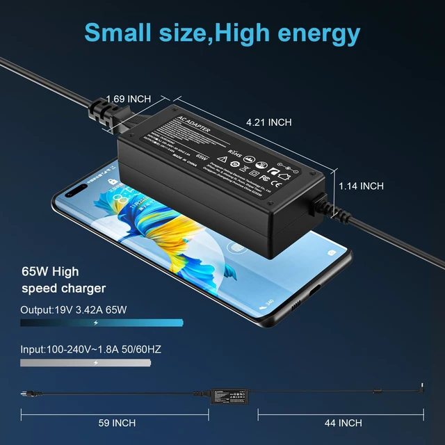 Alt view image 5 of 7 - 65W Laptop Charger Compatible with Toshiba 19V 3.42A Power Supply AC Adapter, Satellite C55, C55D, C655, C855, C855D, Portege Z30, Multiple Models Compatible with Tosiba