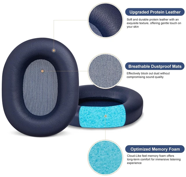 Alt view image 3 of 6 - Replacement Ear Pads Cushions for Sony XM5 Noise Canceling Headphones, Premium WH-1000XM5 Earpads Covers with Soft Protein Leather, Optimized Memory Foam (Midnight Blue)