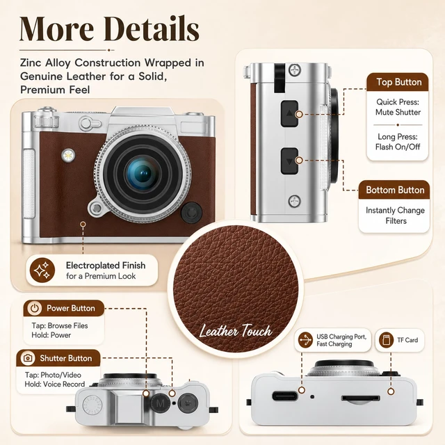 Alt view image 6 of 7 - Mini Keychain Camera 2K 5MP, 1.47" Screen Zinc Alloy Metal 16GB Brown 2K video,5MP sensor,rechargeable battery,Retro Tiny Camera for travel,teens,Birthday Gift for Kids & Friends