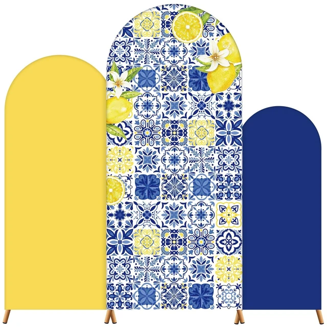 Main image of Set of 3 Amalfi Coast Wedding Arch Backdrop Cover, Vibrant Style 4ft, 5ft, 6ft, Mediterranean Blue Tiles, Spandex Arch Stand Covers for Bachelorette, Birthday Party, Stands Not Included