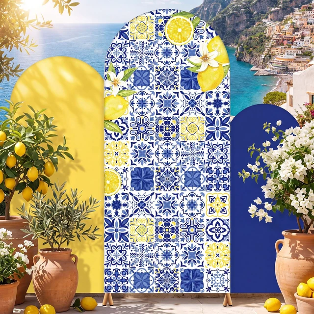 Alt view image 6 of 6 - Set of 3 Amalfi Coast Wedding Arch Backdrop Cover, Vibrant Style 4ft, 5ft, 6ft, Mediterranean Blue Tiles, Spandex Arch Stand Covers for Bachelorette, Birthday Party, Stands Not Included