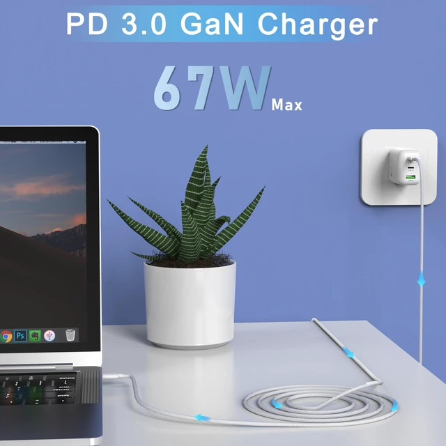 Alt view image 2 of 7 - 67W USB C Wall Charger, 3-Port GaN Fast Charger Block,Replacement for MacBook Pro/Air, iPad, iPhone 15/14/Pro, Galaxy, Pixel, Apple Watch and More