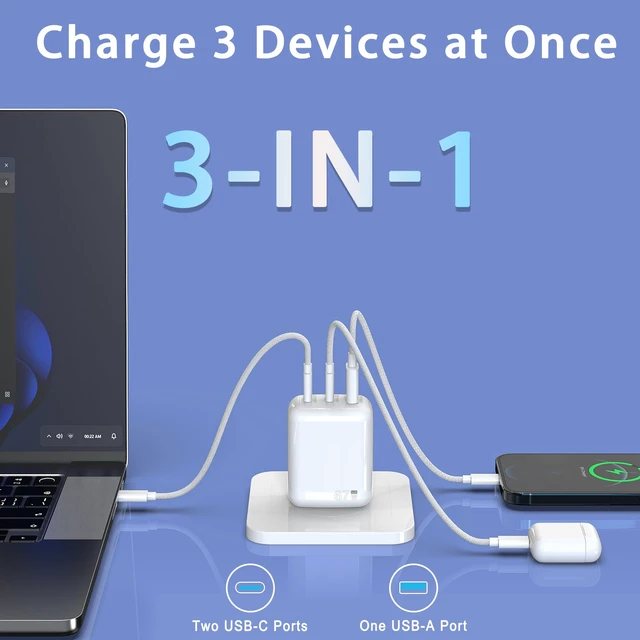 Alt view image 3 of 7 - 67W USB C Wall Charger, 3-Port GaN Fast Charger Block,Replacement for MacBook Pro/Air, iPad, iPhone 15/14/Pro, Galaxy, Pixel, Apple Watch and More