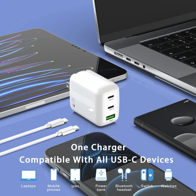 Alt view image 5 of 7 - 67W USB C Wall Charger, 3-Port GaN Fast Charger Block,Replacement for MacBook Pro/Air, iPad, iPhone 15/14/Pro, Galaxy, Pixel, Apple Watch and More