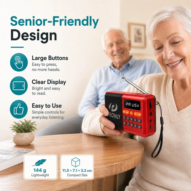Alt view image 2 of 7 - FM Radio, Digital FM Radio with Bluetooth, USB-C Rechargeable Small Portable Radio, TF Card/U Disk Playback, LED Display, PR-808BT for Home Bedroom Kitchen, Red