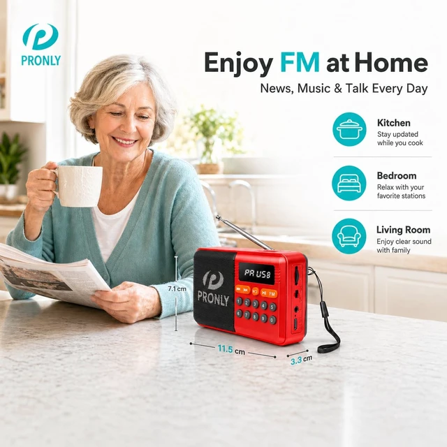 Alt view image 3 of 7 - FM Radio, Digital FM Radio with Bluetooth, USB-C Rechargeable Small Portable Radio, TF Card/U Disk Playback, LED Display, PR-808BT for Home Bedroom Kitchen, Red
