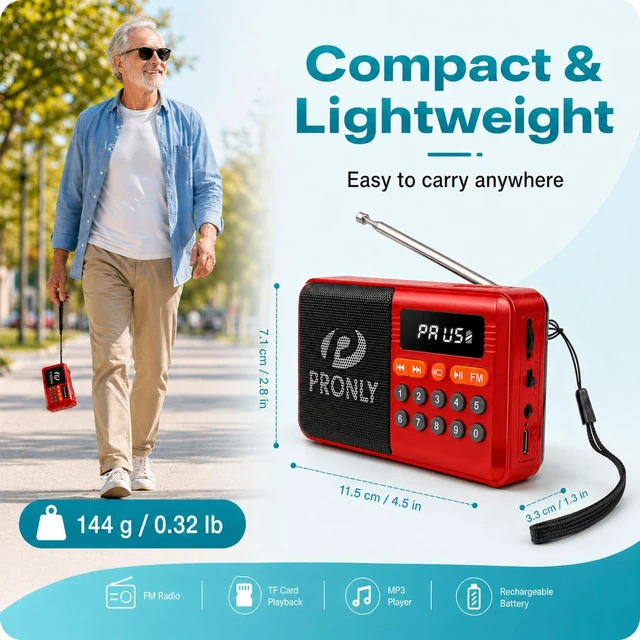 Alt view image 5 of 7 - FM Radio, Digital FM Radio with Bluetooth, USB-C Rechargeable Small Portable Radio, TF Card/U Disk Playback, LED Display, PR-808BT for Home Bedroom Kitchen, Red