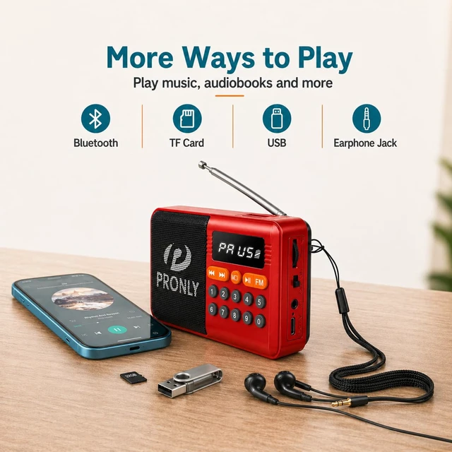 Alt view image 4 of 7 - FM Radio, Digital FM Radio with Bluetooth, USB-C Rechargeable Small Portable Radio, TF Card/U Disk Playback, LED Display, PR-808BT for Home Bedroom Kitchen, Red