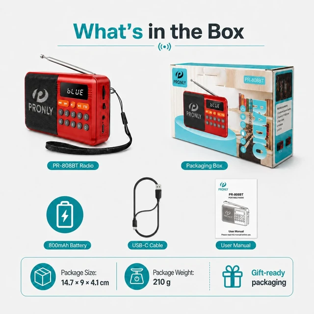 Alt view image 7 of 7 - FM Radio, Digital FM Radio with Bluetooth, USB-C Rechargeable Small Portable Radio, TF Card/U Disk Playback, LED Display, PR-808BT for Home Bedroom Kitchen, Red