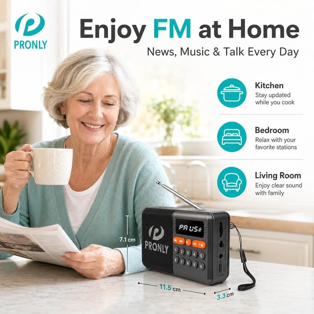 Alt view image 3 of 7 - FM Radio, Digital FM Radio with Bluetooth, USB-C Rechargeable Small Portable Radio, TF Card/U Disk Playback, LED Display, PR-808BT for Home Bedroom Kitchen, Black