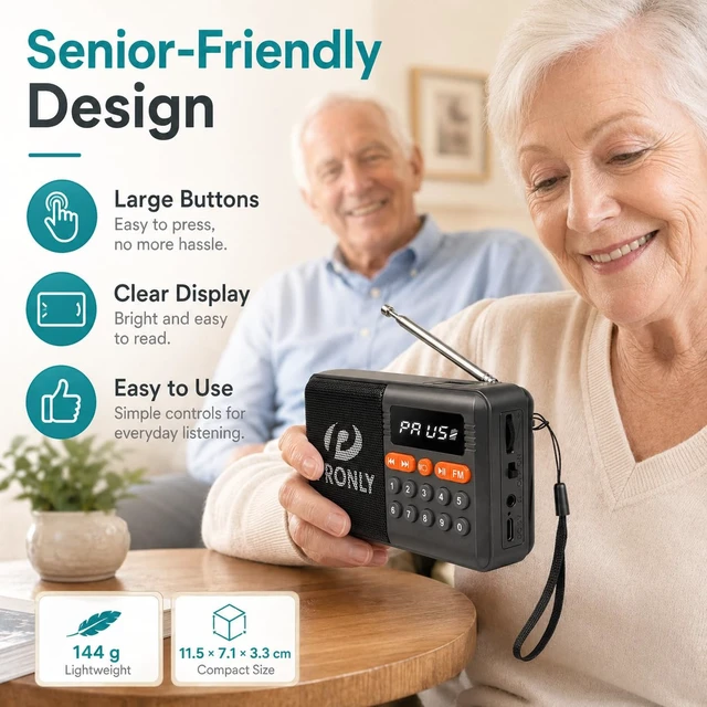 Alt view image 2 of 7 - FM Radio, Digital FM Radio with Bluetooth, USB-C Rechargeable Small Portable Radio, TF Card/U Disk Playback, LED Display, PR-808BT for Home Bedroom Kitchen, Black