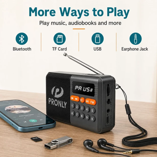 Alt view image 4 of 7 - FM Radio, Digital FM Radio with Bluetooth, USB-C Rechargeable Small Portable Radio, TF Card/U Disk Playback, LED Display, PR-808BT for Home Bedroom Kitchen, Black