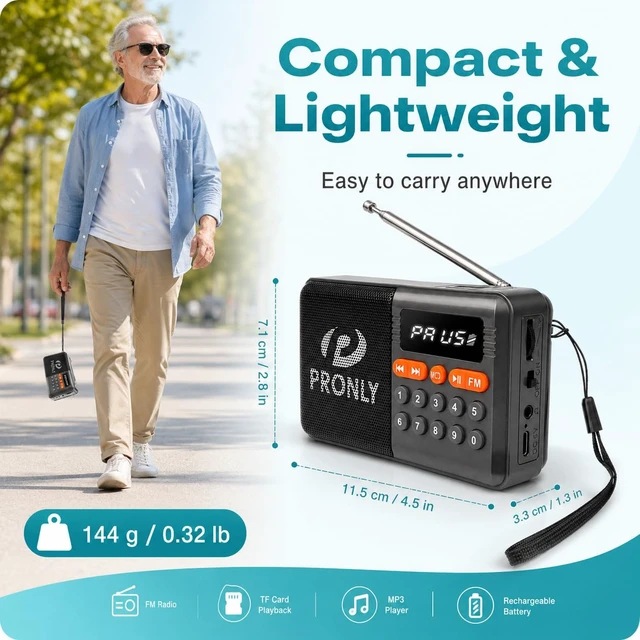 Alt view image 5 of 7 - FM Radio, Digital FM Radio with Bluetooth, USB-C Rechargeable Small Portable Radio, TF Card/U Disk Playback, LED Display, PR-808BT for Home Bedroom Kitchen, Black